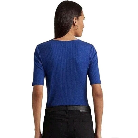 Lauren Ralph Lauren Navy Twist Front Ribbed Pullover Top Medium Professional - Picture 3 of 7
